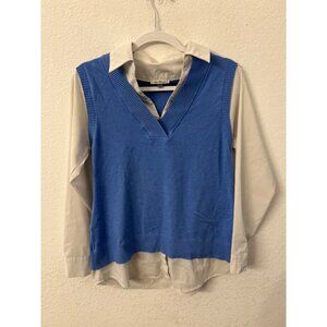Vila Milano blue sweater vest with attached white blouse women size medium